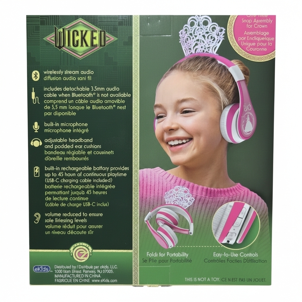 Wicked Glinda Pink and White Wireless Headphones Microphone Rechargable Kids New - Picture 3 of 9